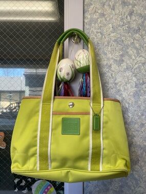 Coach Lime Green Canvas Tote with Cream Trim and Green Accents